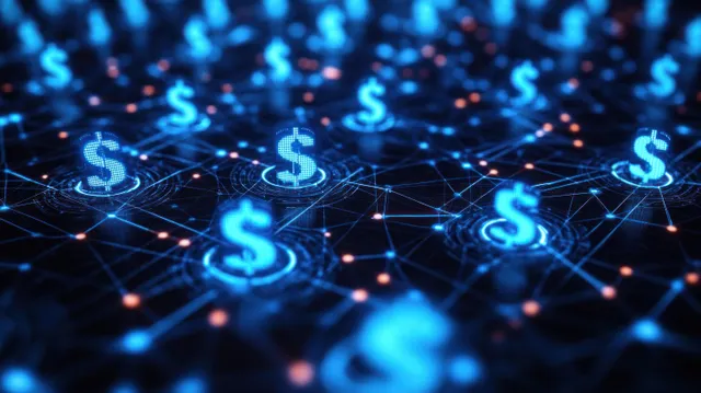 Glowing blue dollar symbols are linked by illuminated network lines across a digital finance grid.