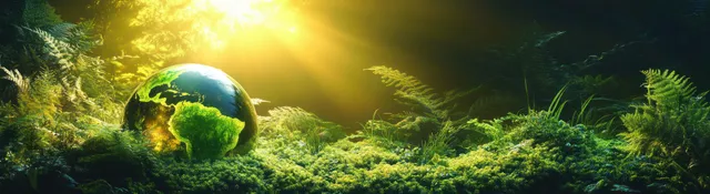 Glowing Earth globe resting on lush moss under sunbeams in a forest-like scene