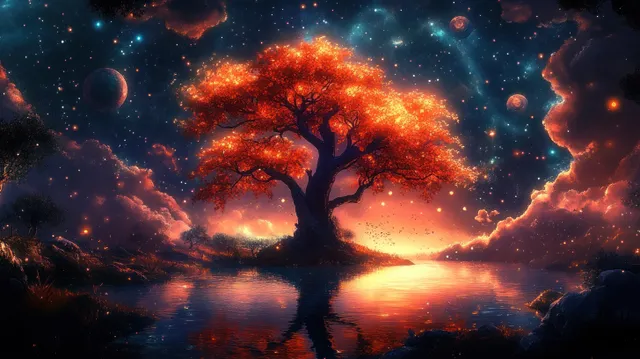 A fiery orange tree glows beside a calm lake, reflecting in a star-filled cosmic sky.