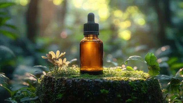 Amber dropper bottle on a mossy tree stump surrounded by small green forest plants with soft sunlit blur behind it.