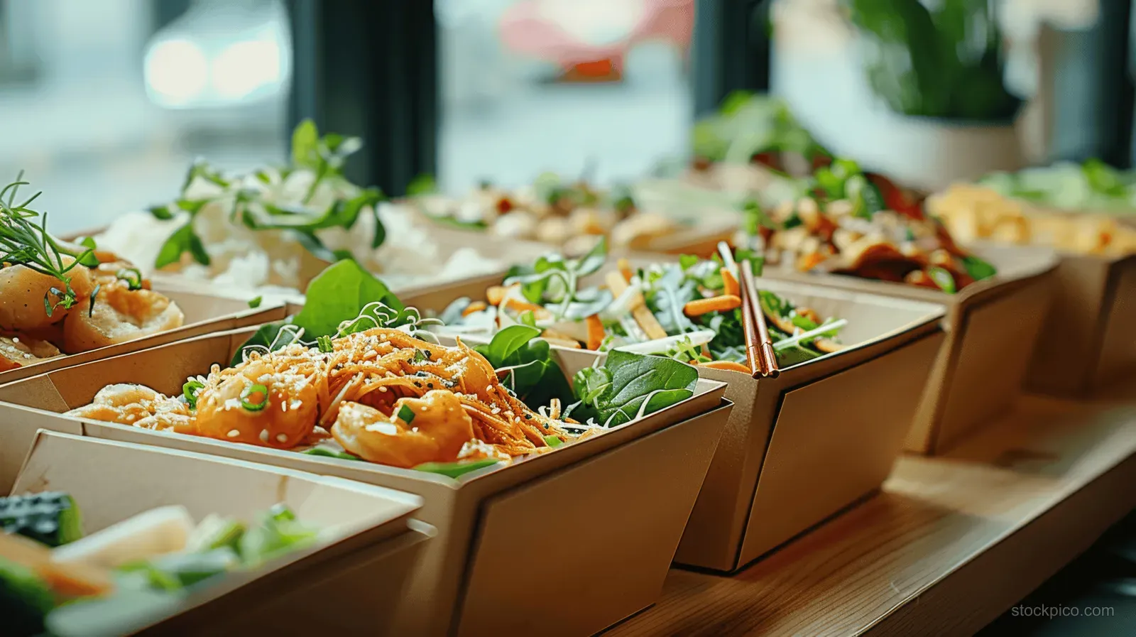 Organic takeout bowls in brown paper containers lined on a wooden table, garnished with herbs and vegetables.