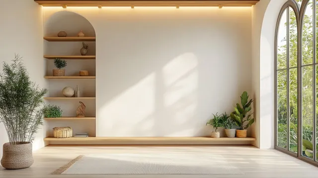 A minimalist living room with white walls, wooden shelves, potted plants, and tall arched glass doors.