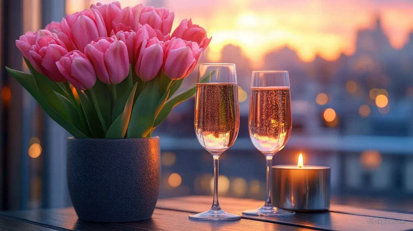 Pink tulips in a vase sit beside two sparkling wine glasses and a lit candle with a warm sunset cityscape bokeh behind.