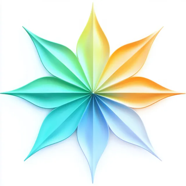 Eight-pointed translucent gradient star flower with overlapping blue, green, yellow, and orange petals on a light background.