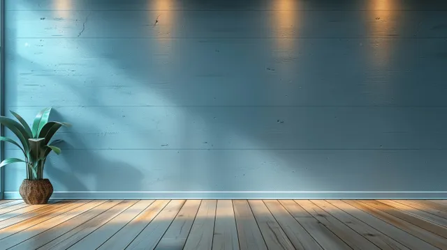 Light blue interior wall and wooden floor display background with soft sunlight glow