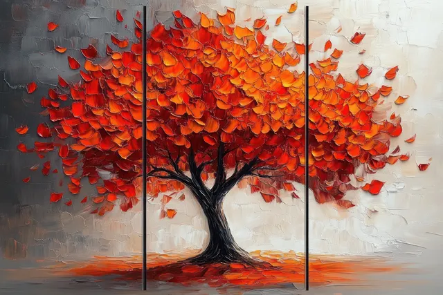 A painted orange and red tree is split across three vertical panels on a textured neutral background.