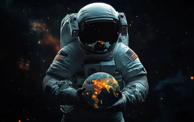 An astronaut holds a glowing Earth planet while stars and nebula light surround them in dark space.