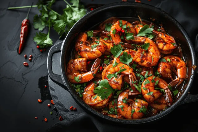 Top view of spicy shrimp with coriander and red chilies in a black bowl.