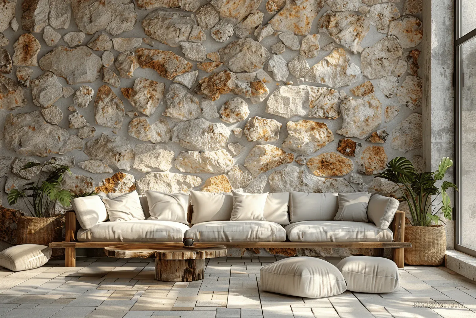 Beige sofa and ottomans arranged along a rough stone wall in a bright, neutral living room.