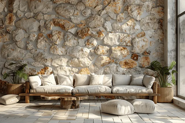 Beige sofa and ottomans arranged along a rough stone wall in a bright, neutral living room.
