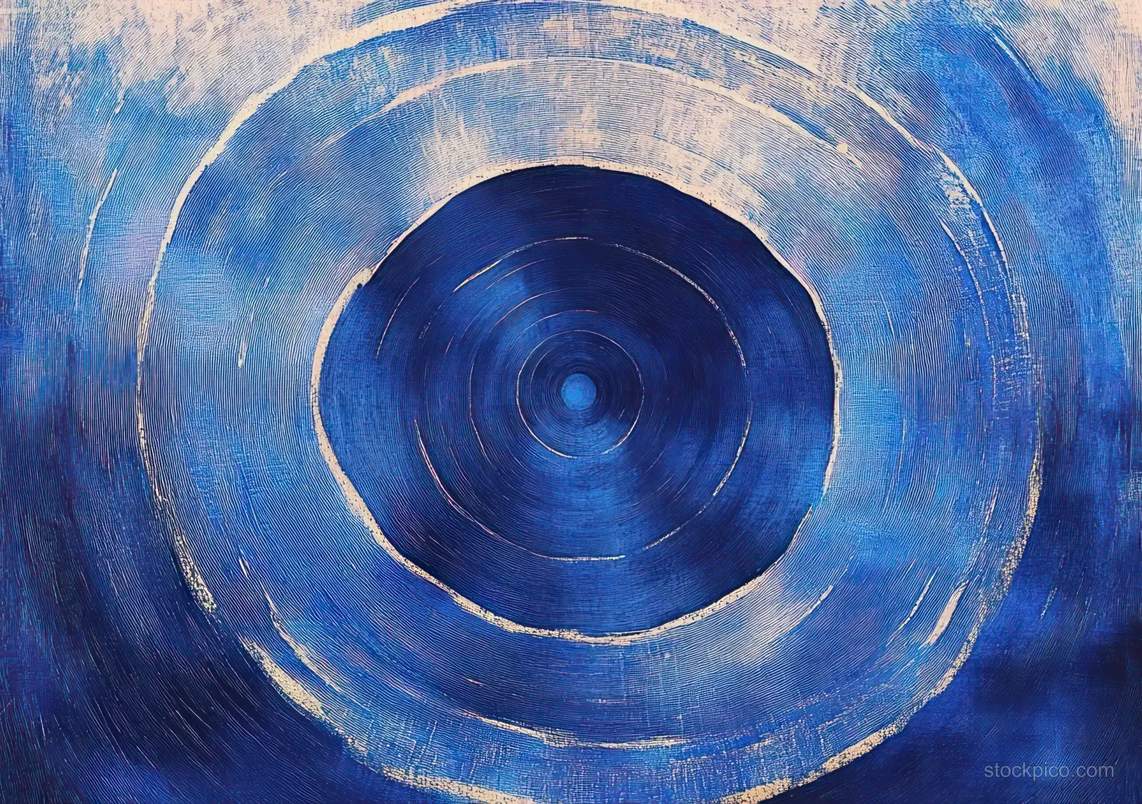 Textured blue concentric rings with metallic silver highlights form a centered radial pattern on a blue background.