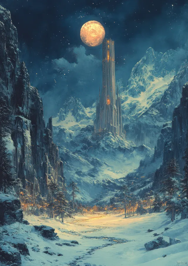 A glowing fantasy tower rises above a snowy winter valley beneath a starry night sky and distant mountains.