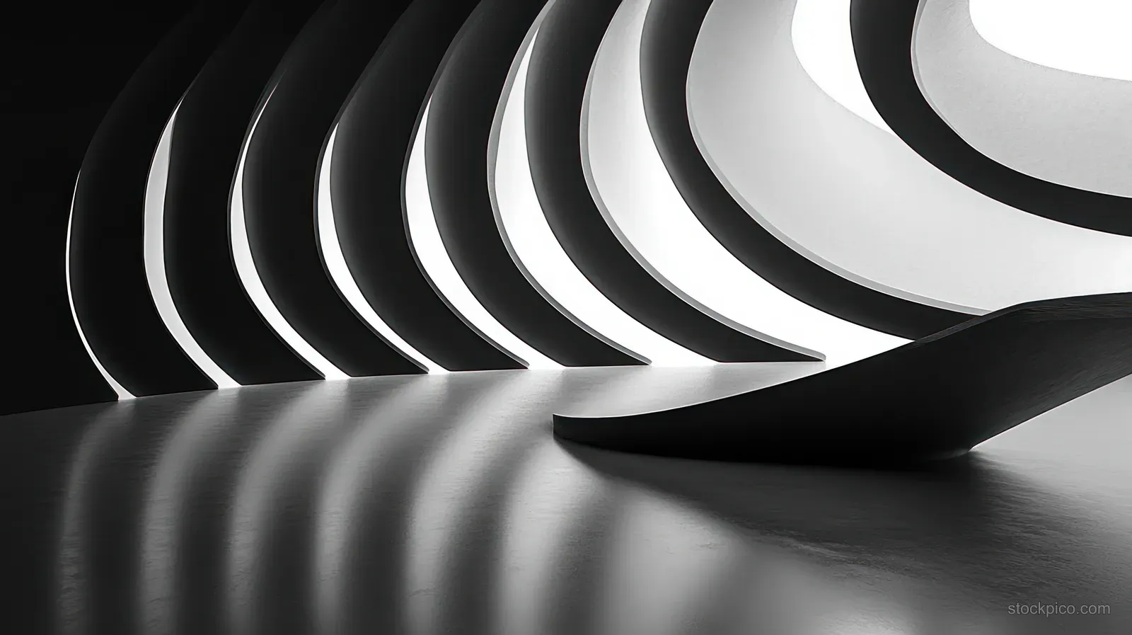 Curved black-and-white architectural corridor with glowing light bands and long shadows on the floor.