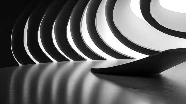 Futuristic curved corridor architecture with ambient white lighting and deep shadows