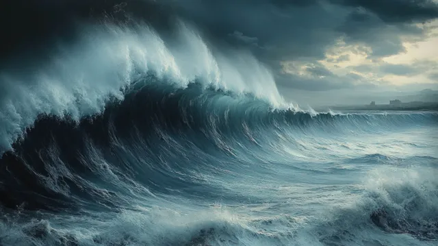 A huge ocean wave crashes into white foam and spray under dark storm clouds near a distant shoreline.