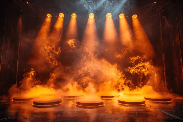 Dark empty theater stage with golden spotlights and drifting orange smoke over glowing circular floor lights.