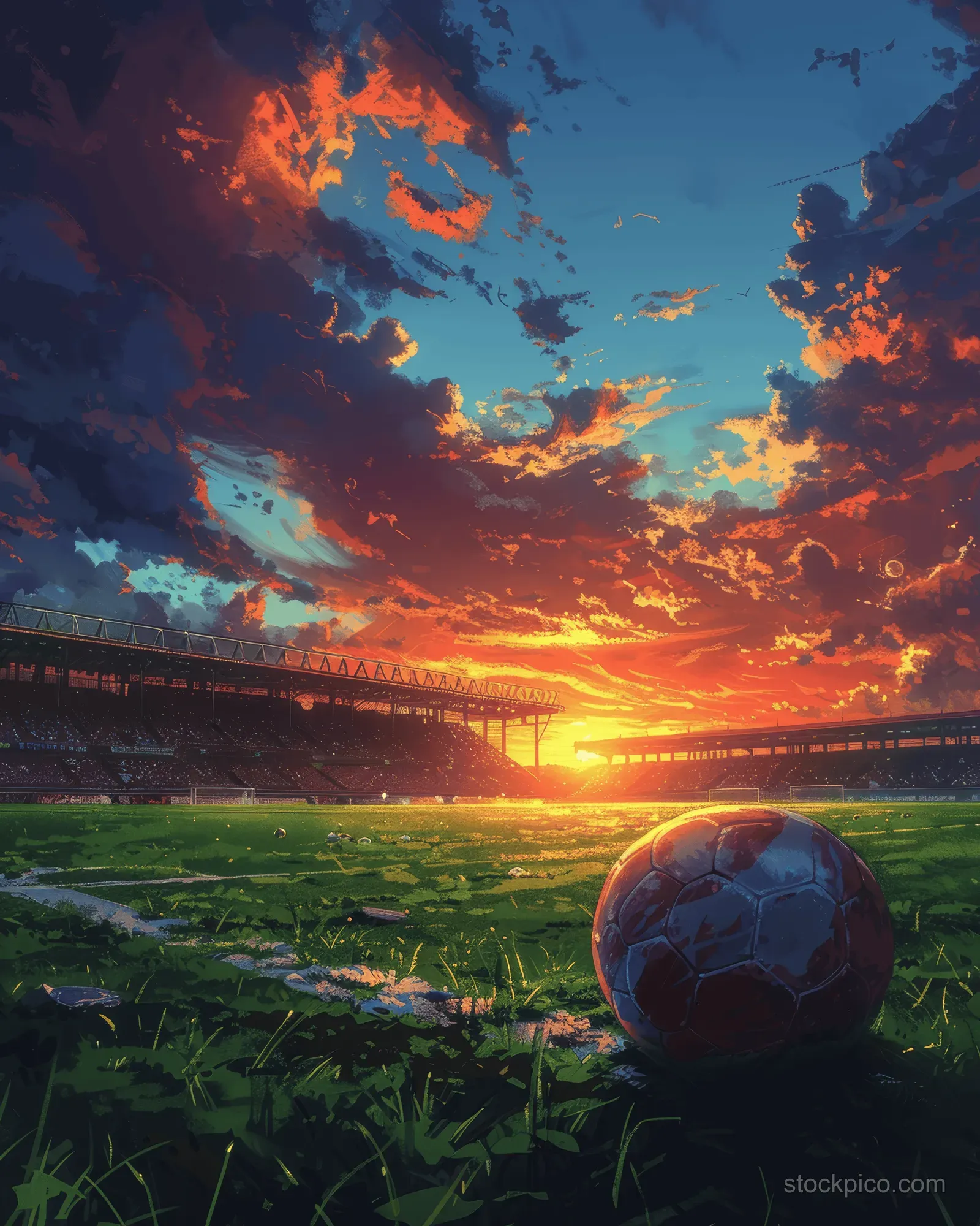 A soccer ball rests on green grass in a silent empty stadium as sunset clouds glow in the background.