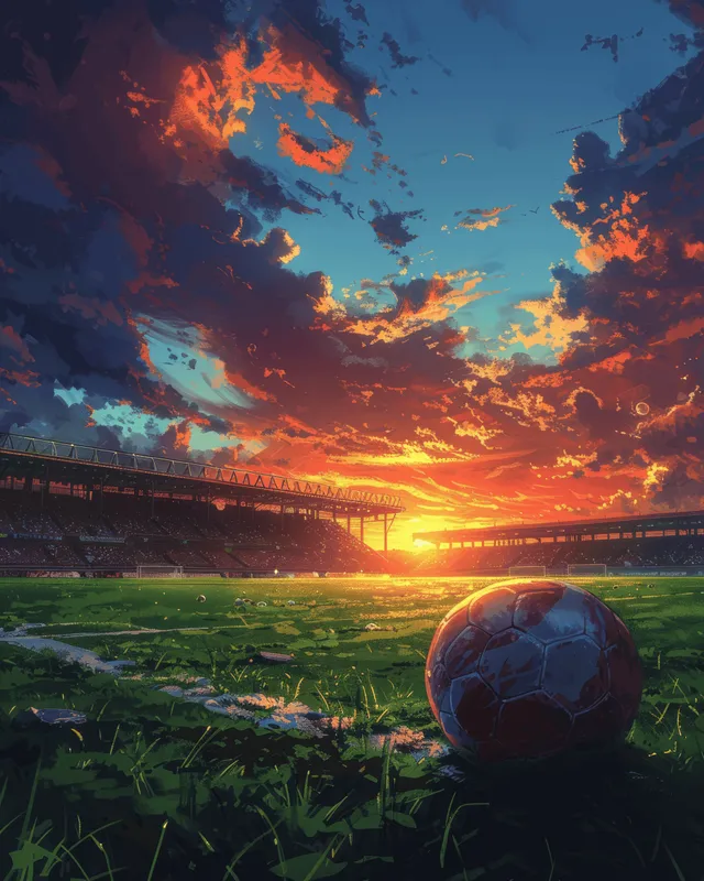 A soccer ball rests on green grass in a silent empty stadium as sunset clouds glow in the background.