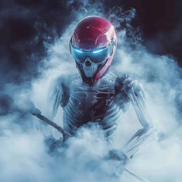 A skeleton ice hockey player lunges through fog wearing a glowing helmet and holding a hockey stick.