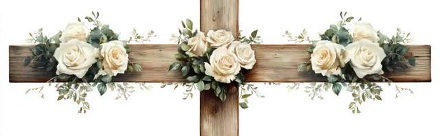 Wooden cross with white roses and green foliage arranged symmetrically along the top beam.