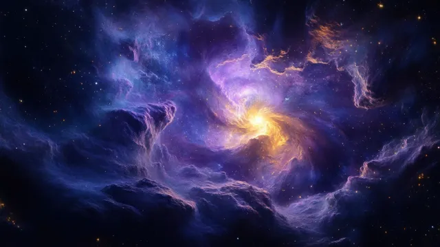 Golden center star surrounded by swirling purple and blue nebula clouds in dark deep space.