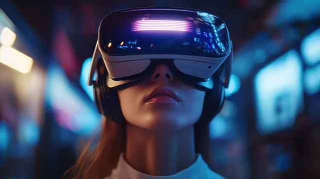 Woman in a glowing virtual reality headset facing forward in a dim high-tech corridor.