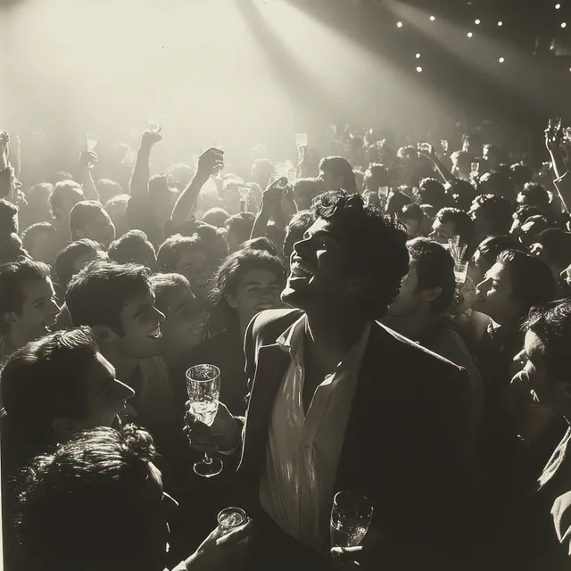 Men in suits raise beer glasses and cheer while watching sports on a large TV in a crowded bar.