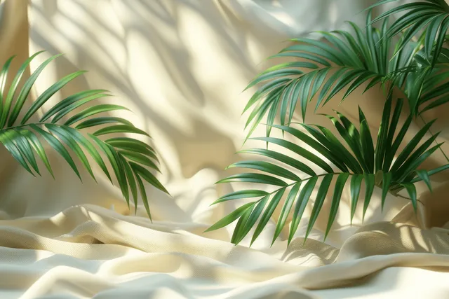 Beige satin fabric lies in soft folds while palm leaf shadows fall under bright sunlight.