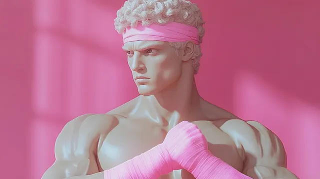 Muscular man with curly hair in pink headband posing confidently on solid pink background