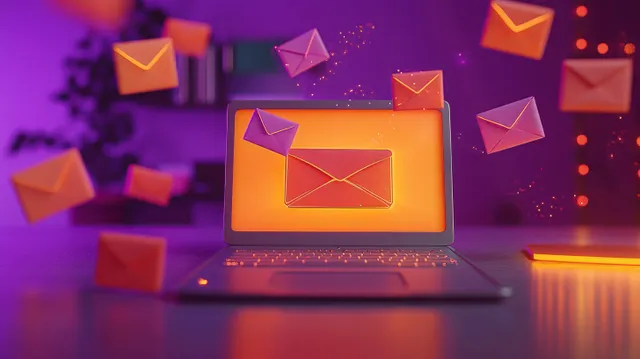 Laptop displaying an orange envelope while purple floating letters spread in email campaign