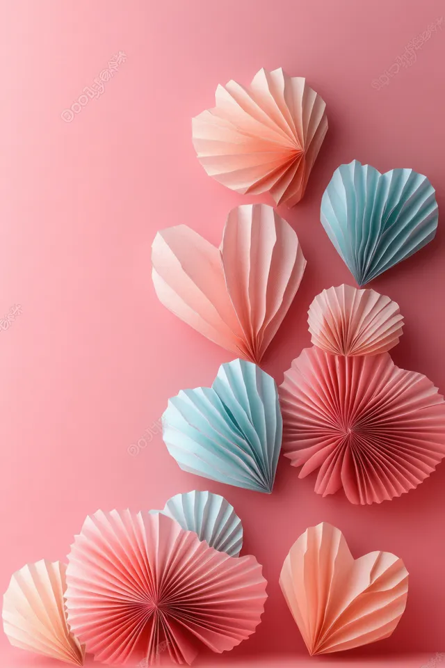 Pastel pink Valentine background with folded paper fan hearts arranged against soft gradient