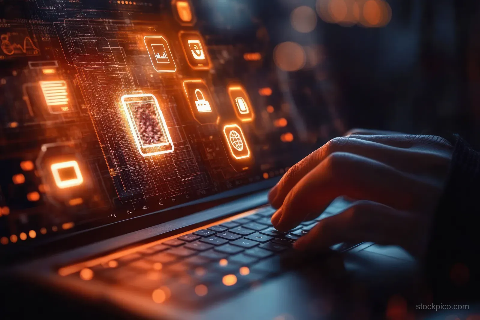 Hand typing on a laptop with glowing investment and finance dashboard icons over dark market data.
