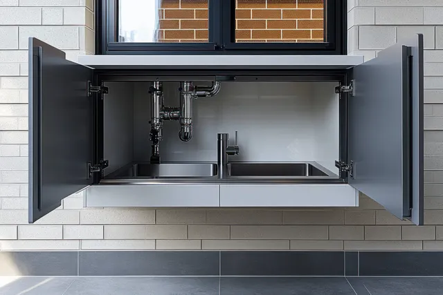 Open grey outdoor kitchen cabinet shows exposed plumbing and a stainless double sink under a black framed window.