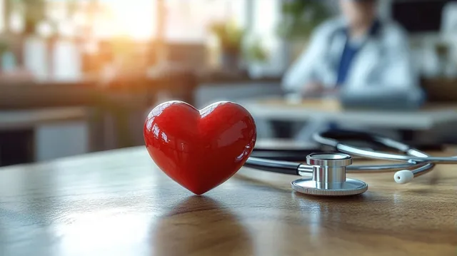 Red heart model with stethoscope on wooden desk, blurred doctor in clinic background