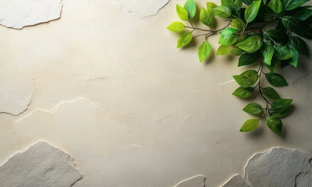 Green leafy branch casting shadows on textured beige plaster wall