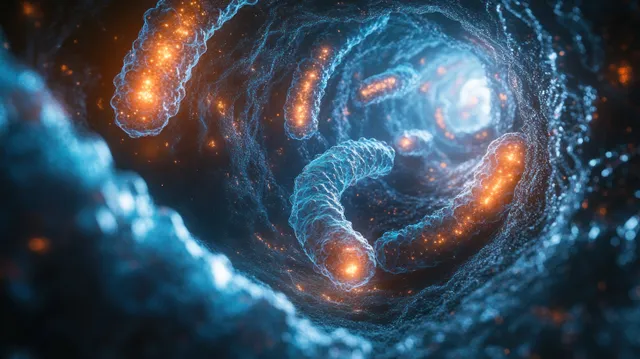 Blue bioluminescent microbes and probiotic bacteria swirl through a glowing microscopic tunnel surrounded by particles.