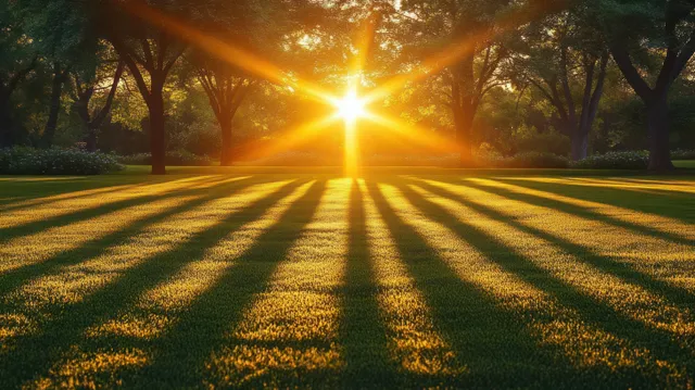 Sunlight beams through park trees, casting long shadows across green grass in warm morning light.