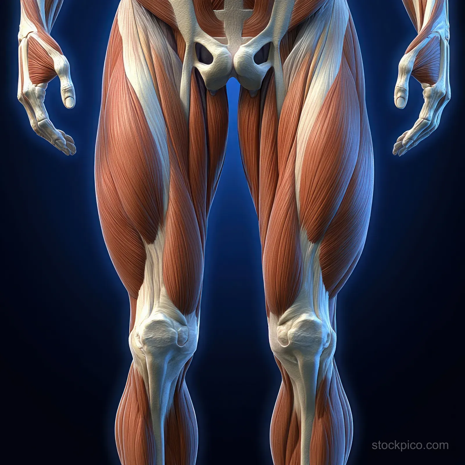 Male leg anatomy illustration highlighting quadriceps muscles with visible femur and tendons under blue dramatic lighting.