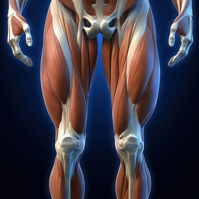 Male leg anatomy illustration highlighting quadriceps muscles with visible femur and tendons under blue dramatic lighting.