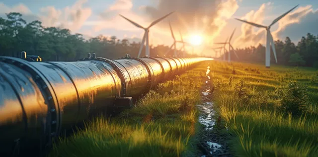 Wind turbines and metallic hydrogen pipeline flow through a sunlit grassy field