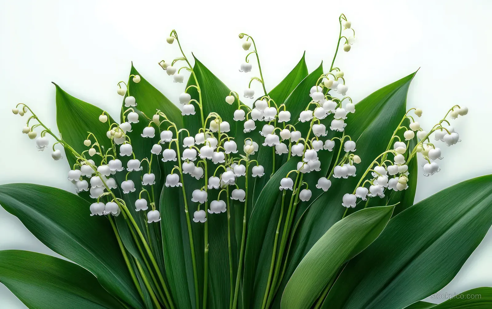 Bouquet of lily of the valley with white bell flowers and bright green leaves against a white background.