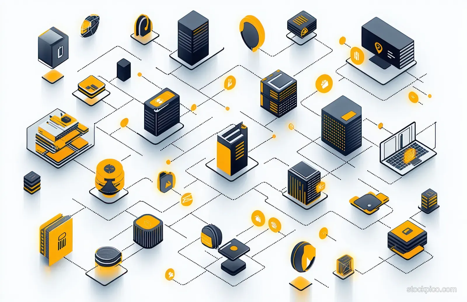 Isometric illustration of interconnected servers, storage units, devices, and communication links on a network diagram.