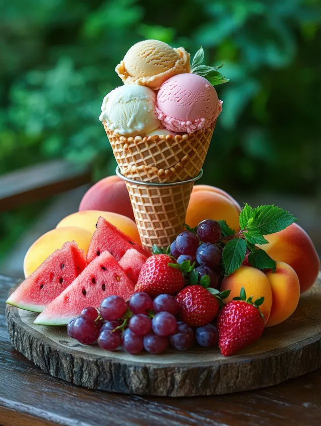 Pastel scoops of ice cream in a waffle cone surrounded by watermelon, grapes, strawberries, and peach on a wooden stump outdoors.