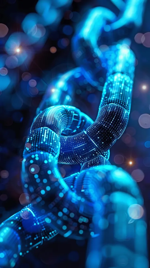 Un nudo blockchain brillante hecho de símbolos de voto enlazados aparece en un fondo digital azul profundo con luces bokeh.