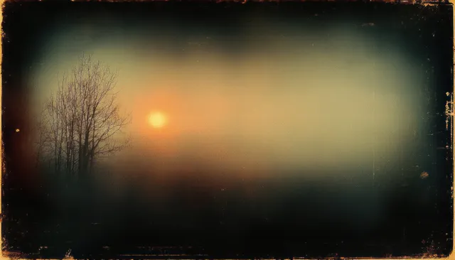 Bare tree silhouette at dusk framed by a vintage film border with warm light leaks and grainy texture.
