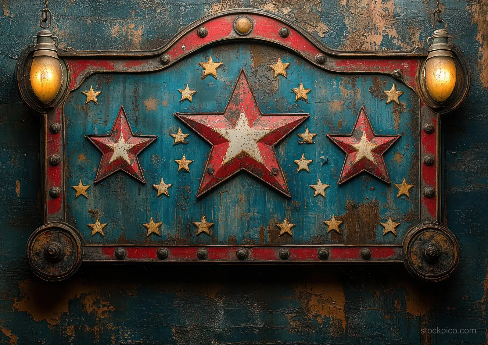 Weathered Fourth of July closure sign with red stars, blue backdrop, and metallic frame beside small door lights.