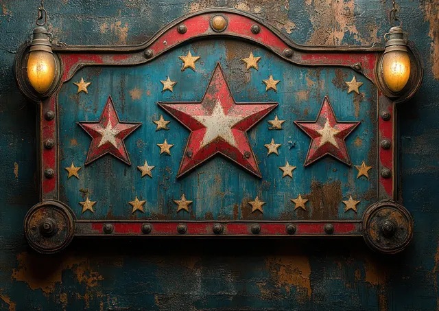 Weathered Fourth of July closure sign with red stars, blue backdrop, and metallic frame beside small door lights.