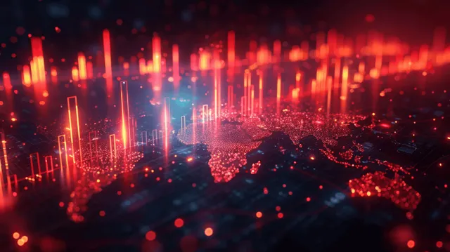 Glowing red upward stock market chart elements overlay a digital world map with data points in the background.