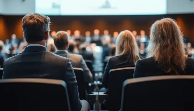 Back view of business attendees seated in an auditorium facing a conference stage.