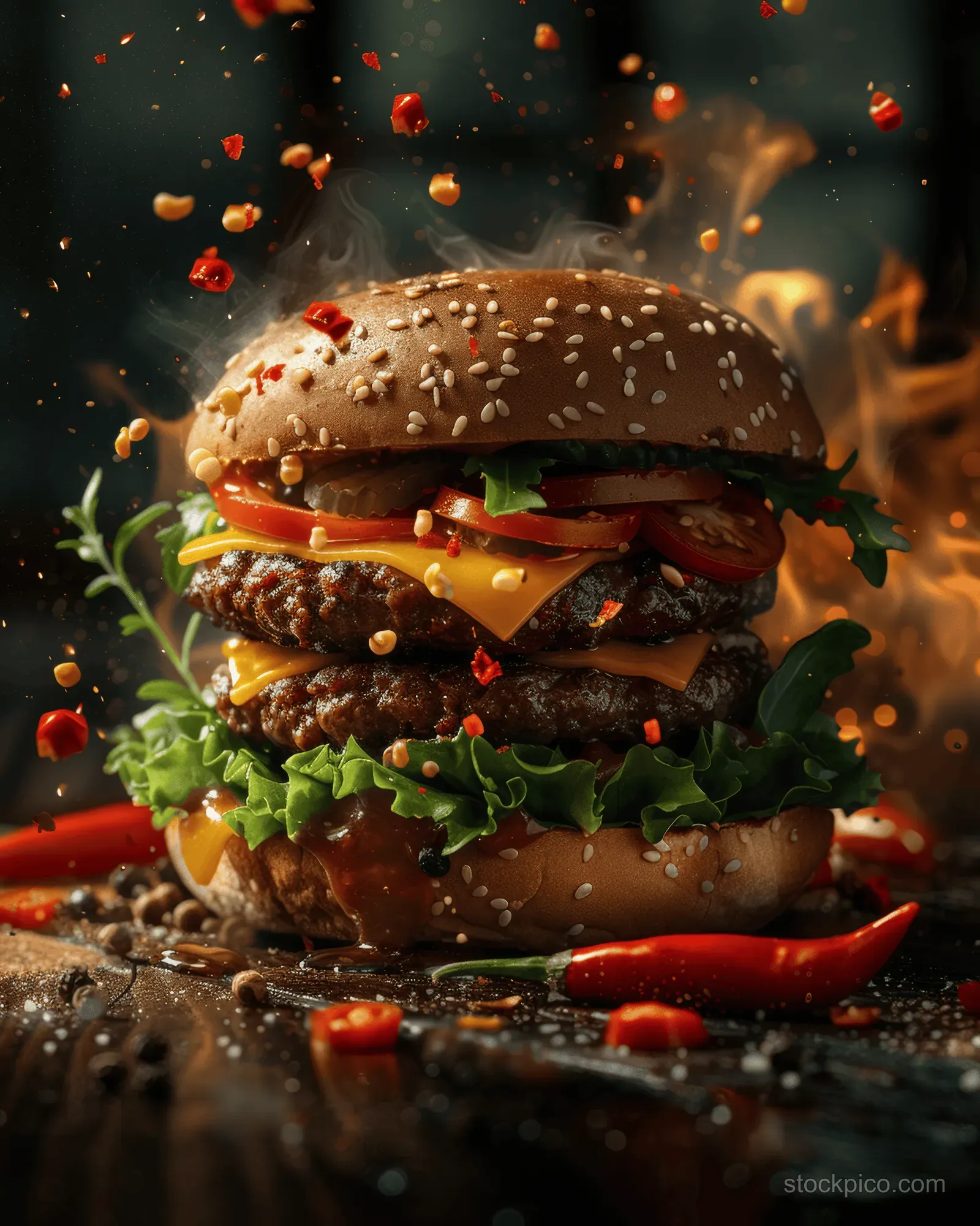 A double cheeseburger with lettuce, tomato, melted cheese, and chili peppers in front of flames.